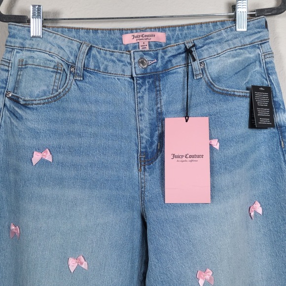 Juicy Couture Light Wash Denim Wide Leg Jeans Pink Bow‎ Embellished Size 9